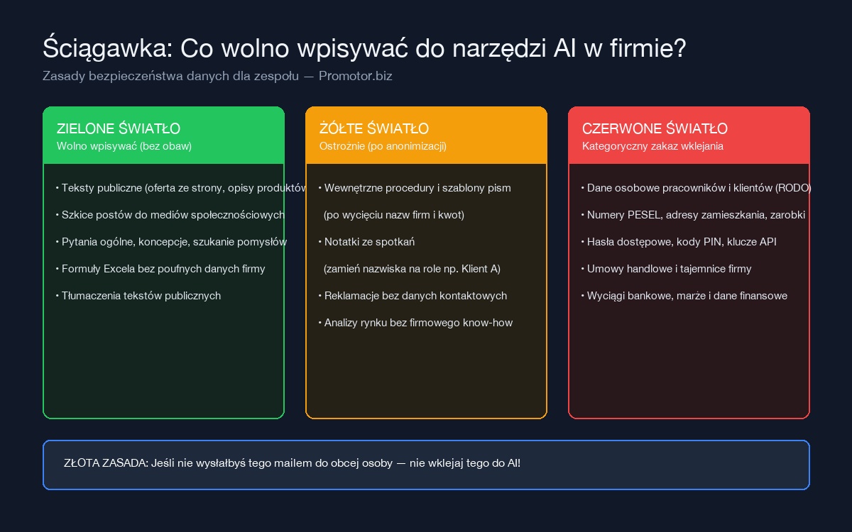 Ściągawka: co wolno, co ostrożnie, a czego nie wolno wpisywać do narzędzi AI